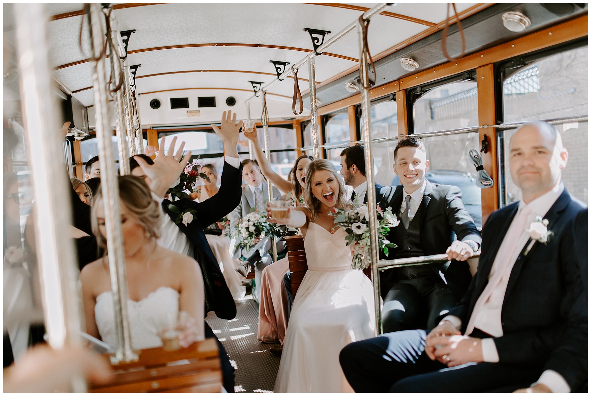Bridesmaid celebrating on a party bus 