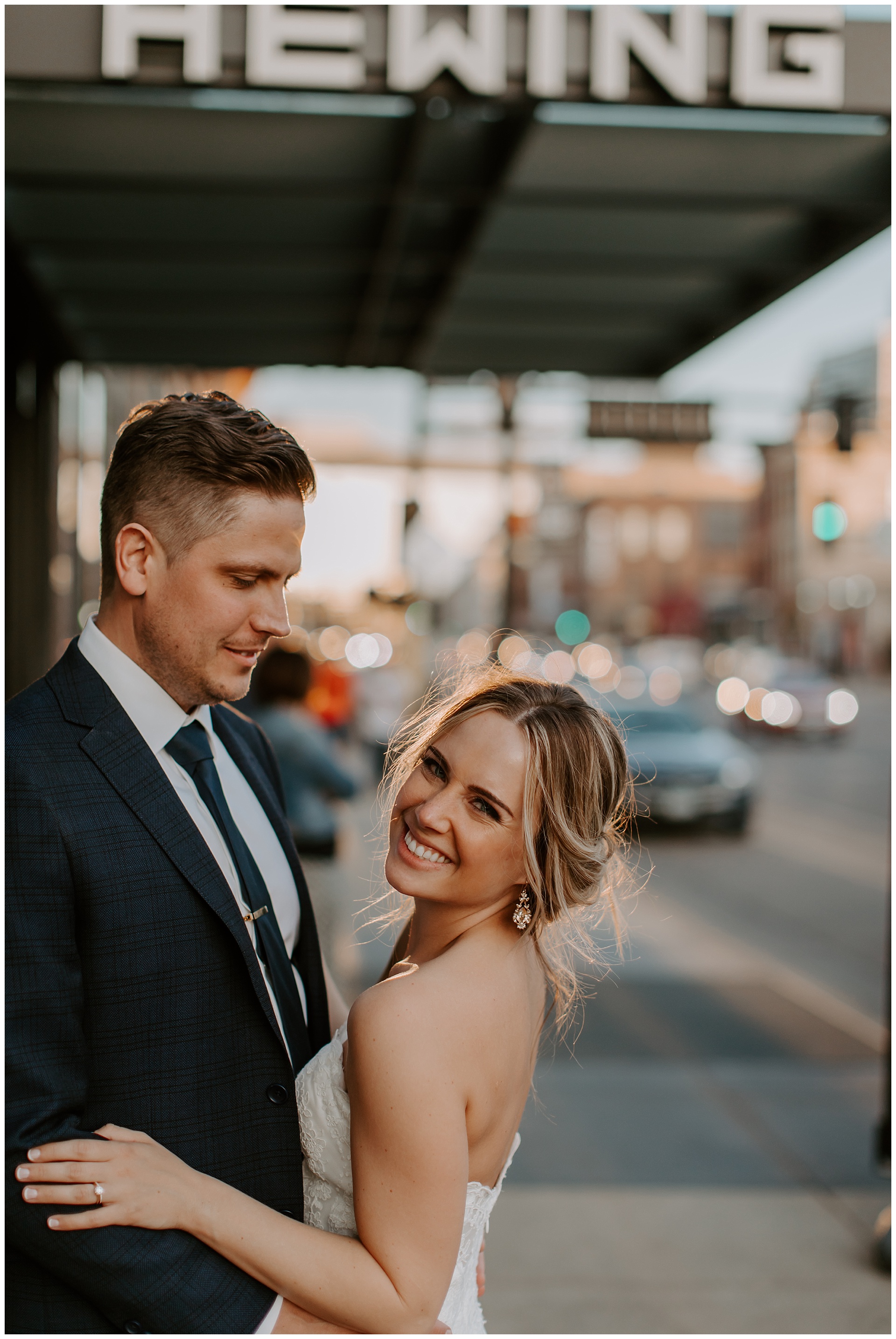Bride and Groom during golden hour at the Hewing Hotel