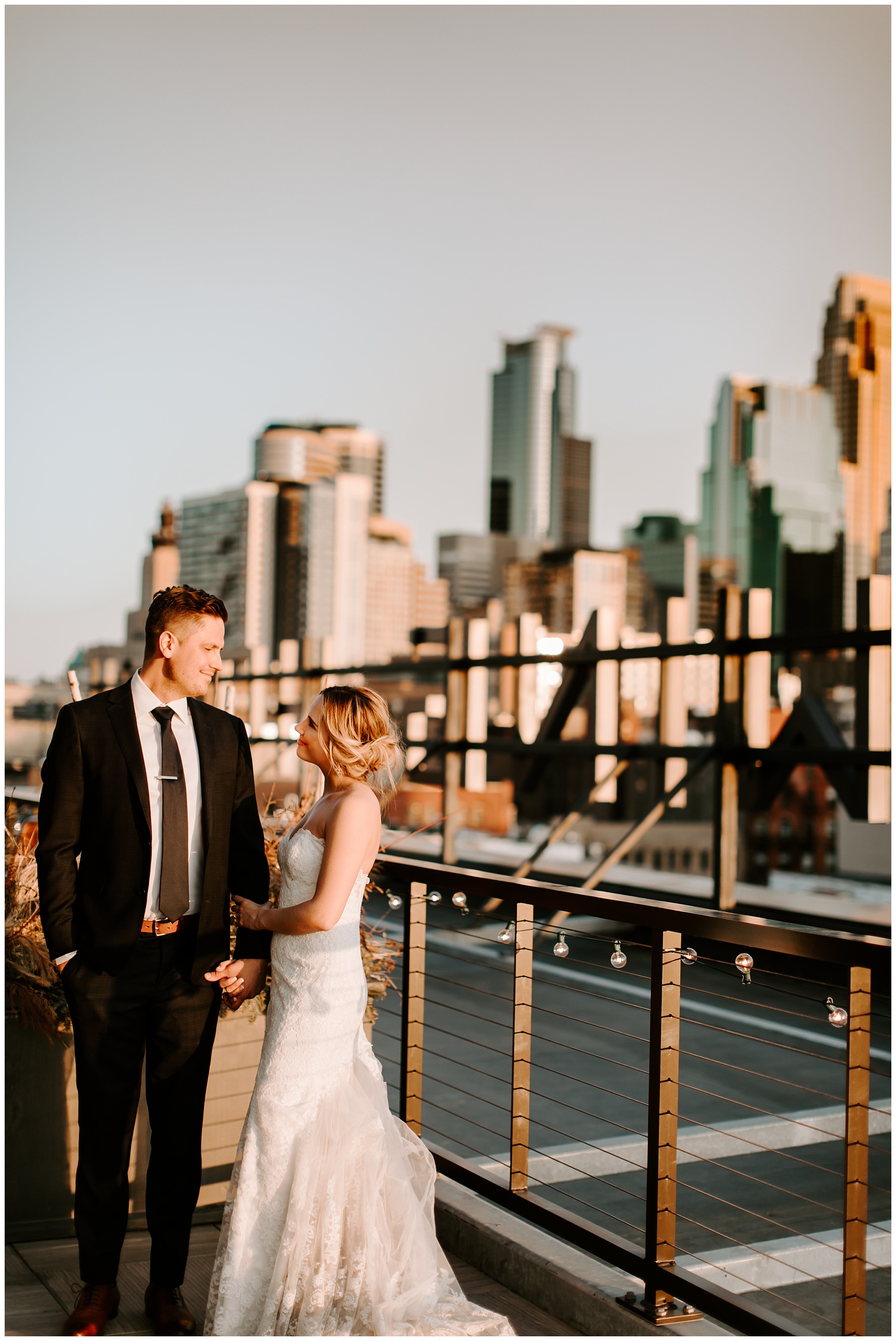 Bride and Groom during golden hour at the Hewing Hotel